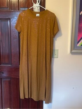 QUEEN OF SPARKLES Mustard Gold Studded Short-Sleeve Midi Dress